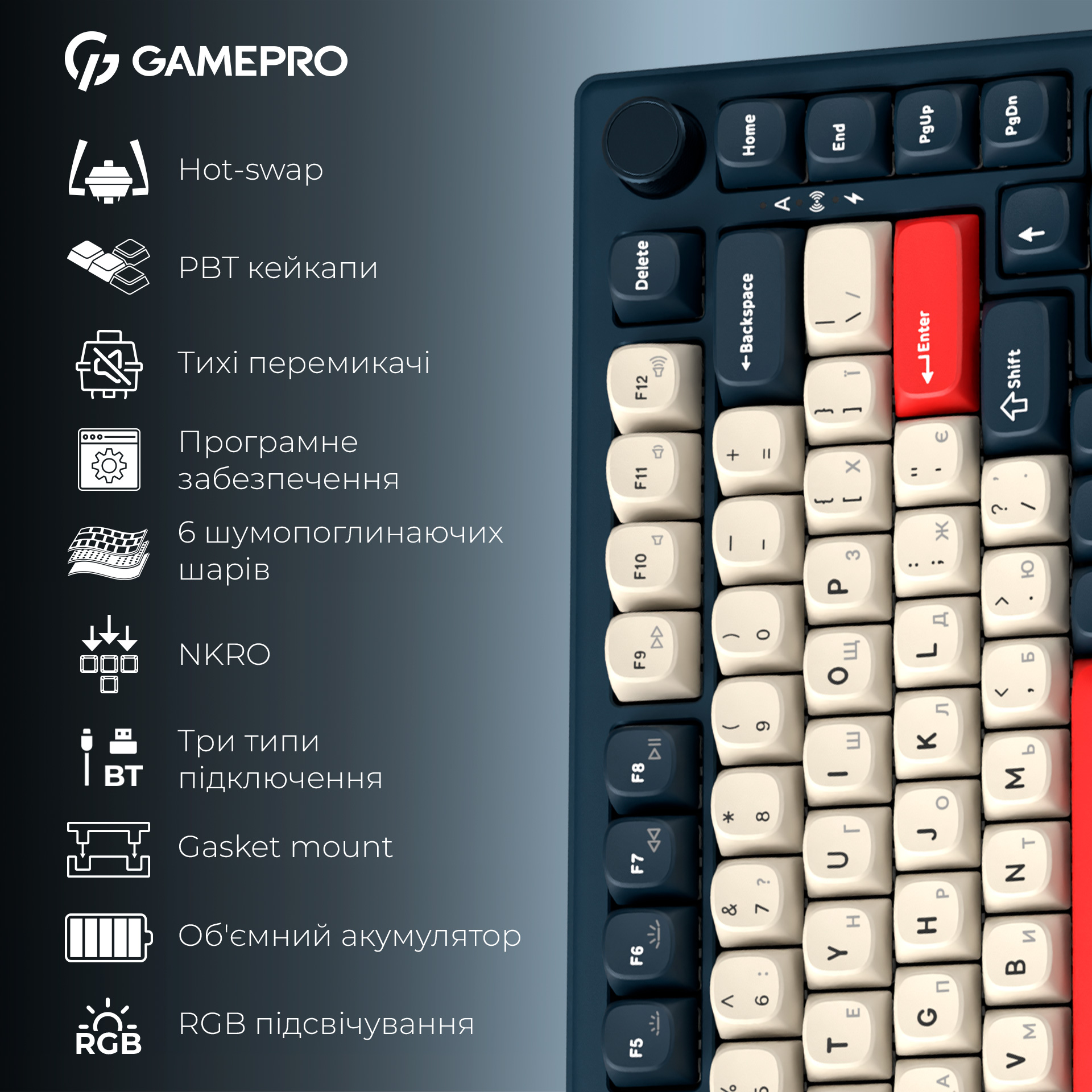 Клавиатура беспроводная GAMEPRO Asgard Yord MK266BL Keychron Super Red Switch Blue