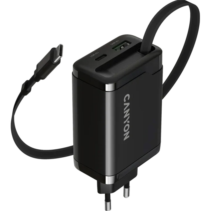 Зарядний пристрій CANYON OnCharge 65RC Build-In Cable USB-C, 1xUSB-A, 1xUSB-C, 65W Black (CNS-CURC65ACB)