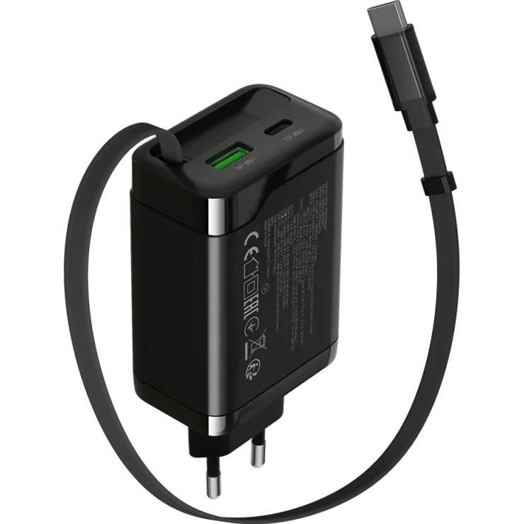Зарядний пристрій CANYON OnCharge 65RC Build-In Cable USB-C, 1xUSB-A, 1xUSB-C, 65W Black (CNS-CURC65ACB)