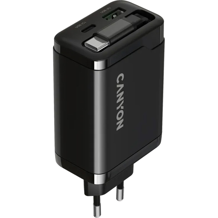 Зарядний пристрій CANYON OnCharge 65RC Build-In Cable USB-C, 1xUSB-A, 1xUSB-C, 65W Black (CNS-CURC65ACB)