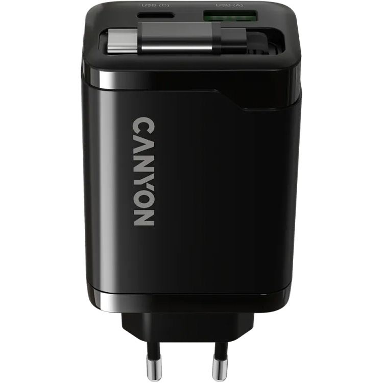 Зарядний пристрій CANYON OnCharge 65RC Build-In Cable USB-C, 1xUSB-A, 1xUSB-C, 65W Black (CNS-CURC65ACB)