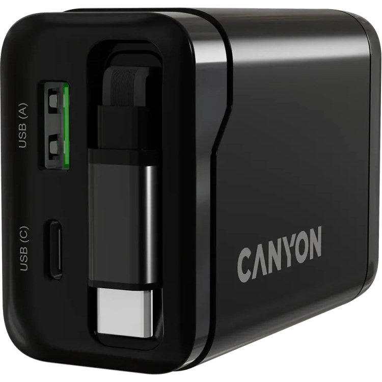 Зарядний пристрій CANYON OnCharge 65RC Build-In Cable USB-C, 1xUSB-A, 1xUSB-C, 65W Black (CNS-CURC65ACB)