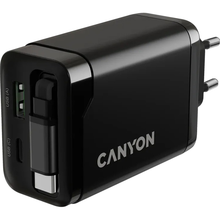 Зарядний пристрій CANYON OnCharge 65RC Build-In Cable USB-C, 1xUSB-A, 1xUSB-C, 65W Black (CNS-CURC65ACB)