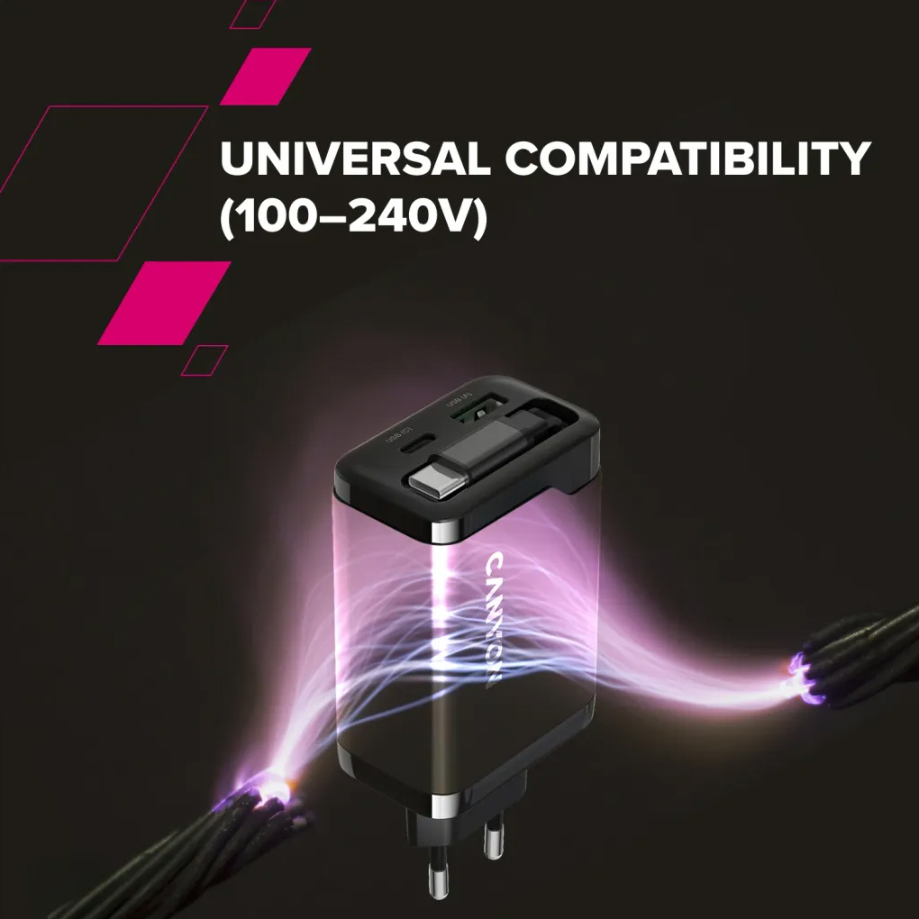 Зарядний пристрій CANYON OnCharge 65RC Build-In Cable USB-C, 1xUSB-A, 1xUSB-C, 65W Black (CNS-CURC65ACB)