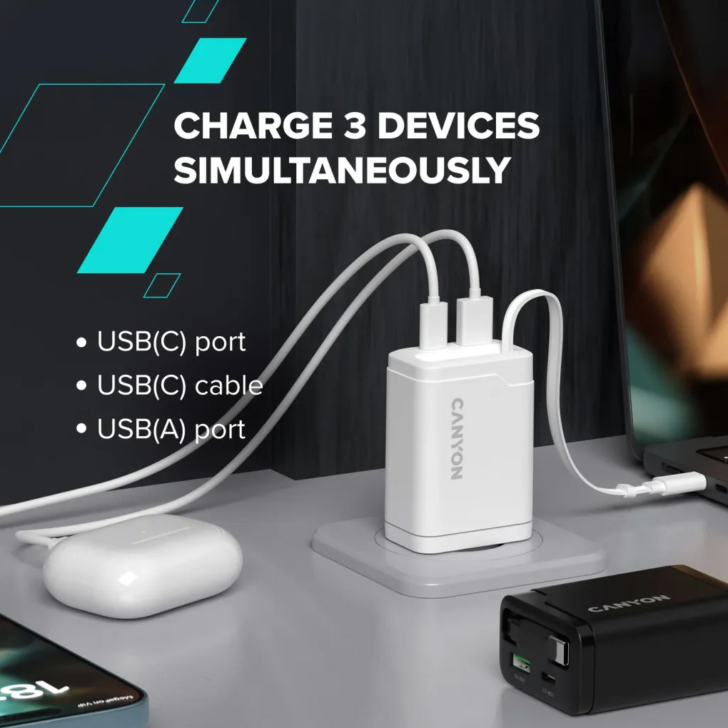 Зарядний пристрій CANYON OnCharge 65RC Build-In Cable USB-C, 1xUSB-A, 1xUSB-C, 65W Black (CNS-CURC65ACB)