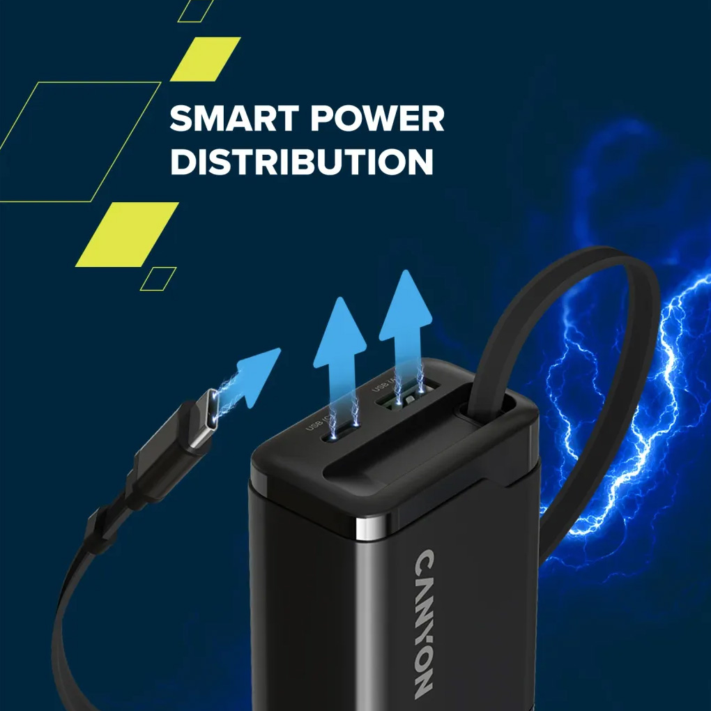 Зарядний пристрій CANYON OnCharge 65RC Build-In Cable USB-C, 1xUSB-A, 1xUSB-C, 65W Black (CNS-CURC65ACB)
