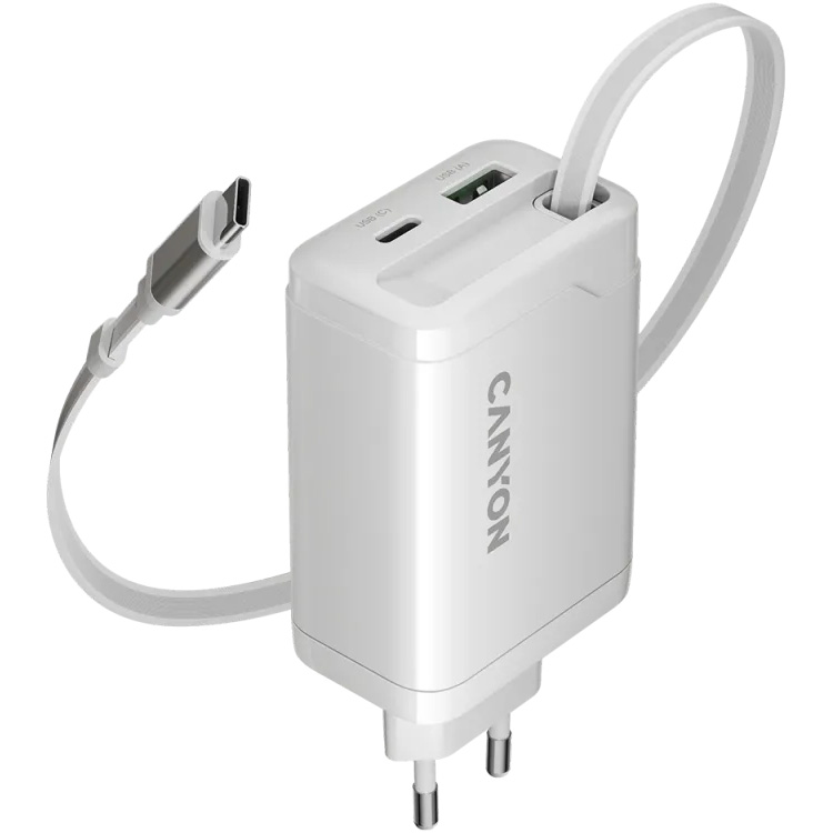 Зарядний пристрій CANYON OnCharge 65RC Build-In Cable USB-C, 1xUSB-A, 1xUSB-C, 65W White (CNS-CURC65ACW)