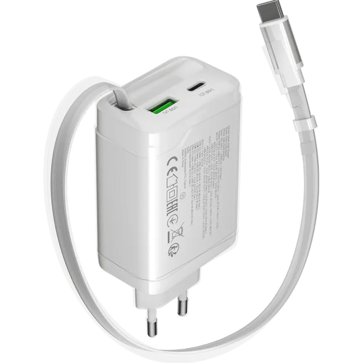 Зарядний пристрій CANYON OnCharge 65RC Build-In Cable USB-C, 1xUSB-A, 1xUSB-C, 65W White (CNS-CURC65ACW)