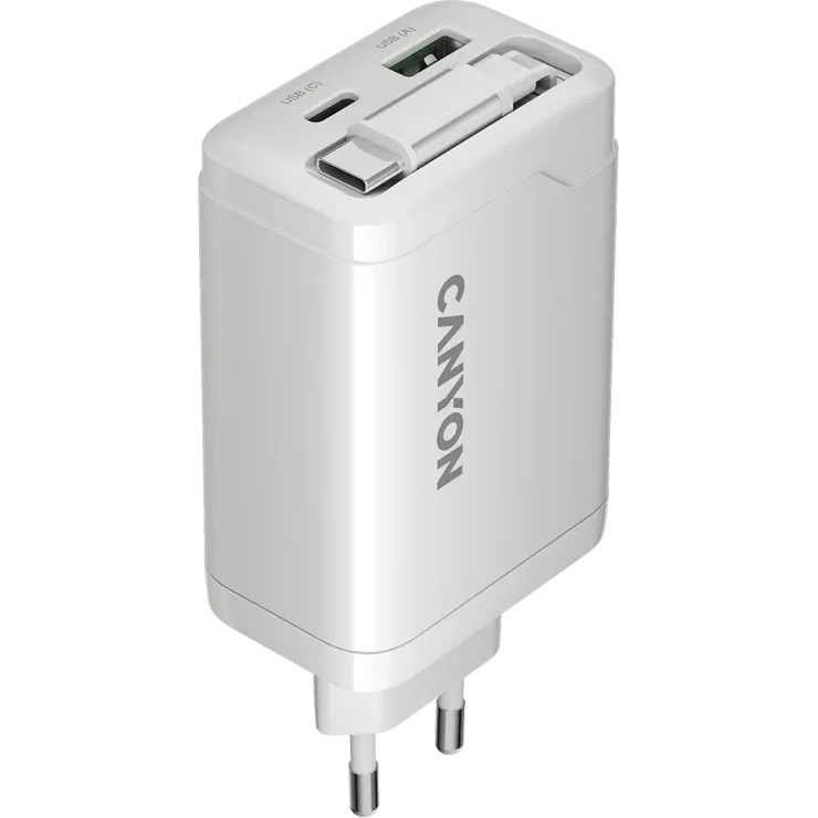 Зарядний пристрій CANYON OnCharge 65RC Build-In Cable USB-C, 1xUSB-A, 1xUSB-C, 65W White (CNS-CURC65ACW)
