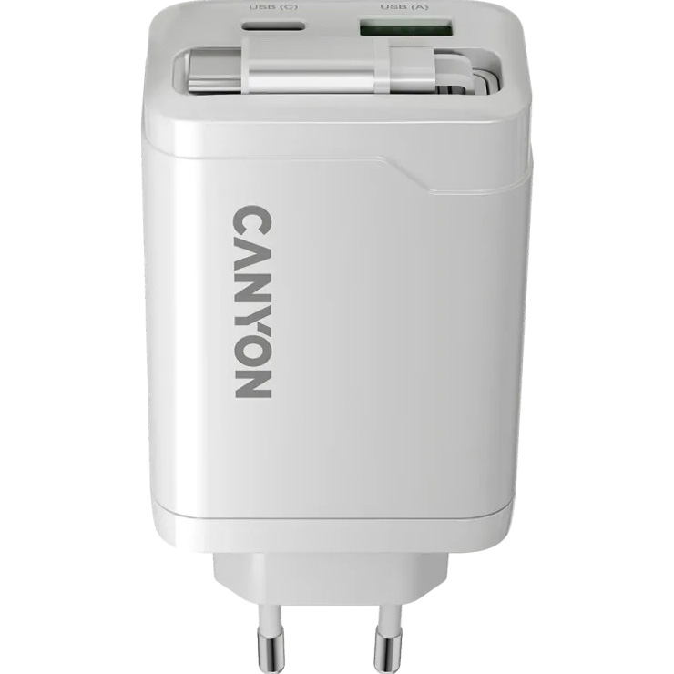 Зарядний пристрій CANYON OnCharge 65RC Build-In Cable USB-C, 1xUSB-A, 1xUSB-C, 65W White (CNS-CURC65ACW)