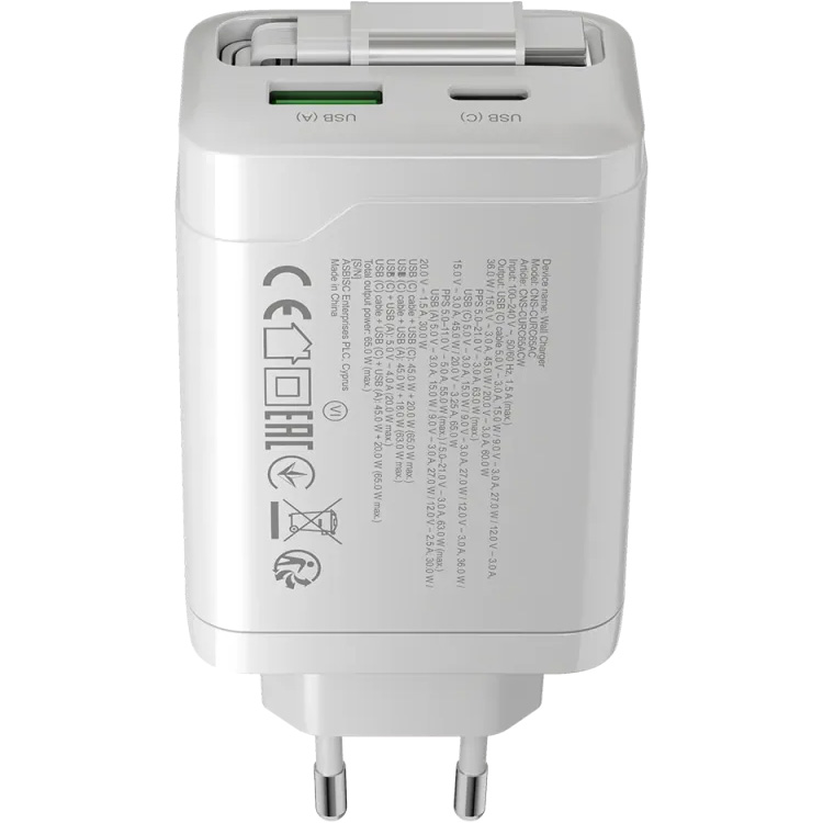 Зарядний пристрій CANYON OnCharge 65RC Build-In Cable USB-C, 1xUSB-A, 1xUSB-C, 65W White (CNS-CURC65ACW)