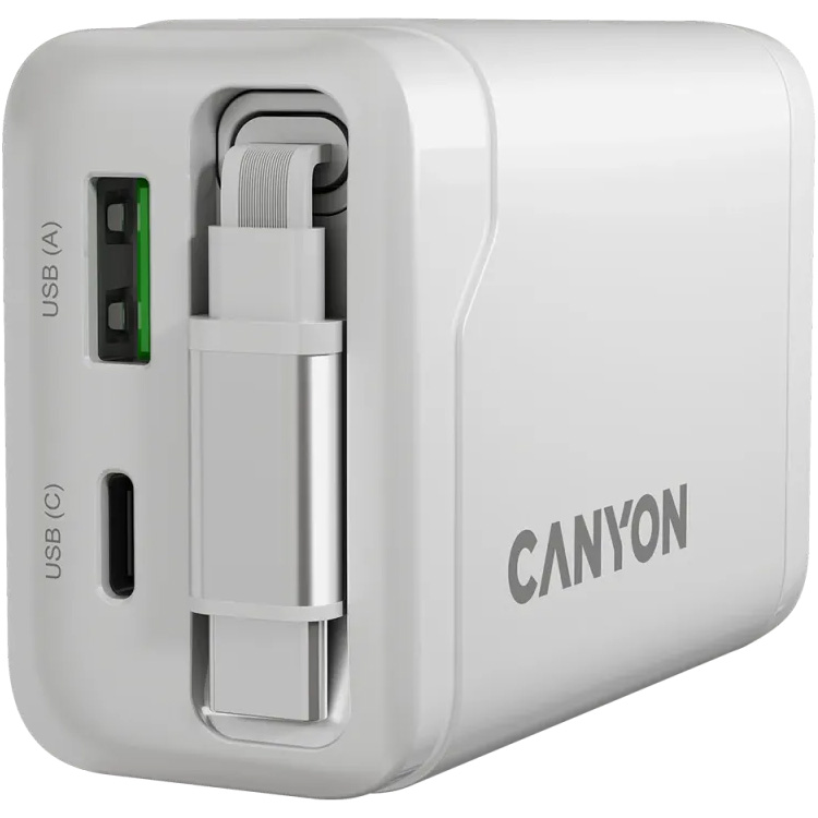 Зарядний пристрій CANYON OnCharge 65RC Build-In Cable USB-C, 1xUSB-A, 1xUSB-C, 65W White (CNS-CURC65ACW)