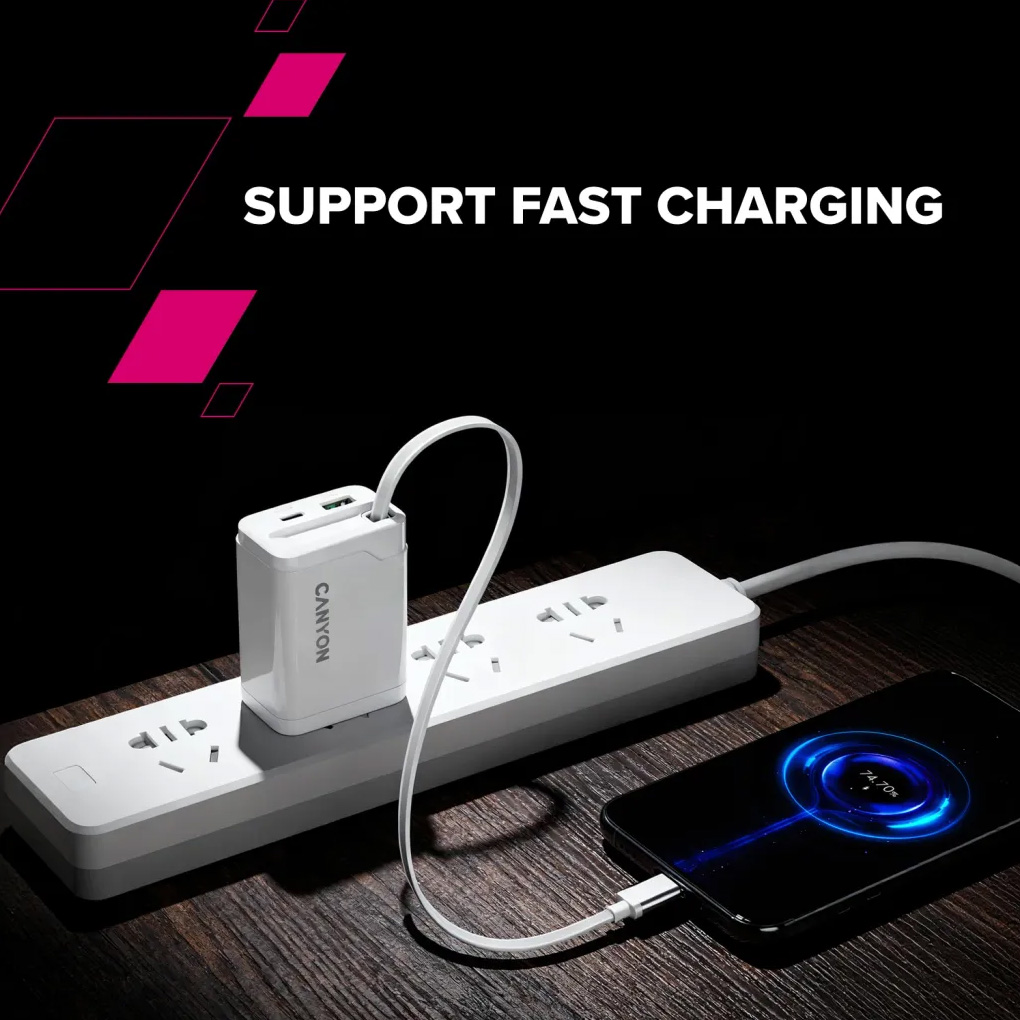 Зарядний пристрій CANYON OnCharge 65RC Build-In Cable USB-C, 1xUSB-A, 1xUSB-C, 65W White (CNS-CURC65ACW)