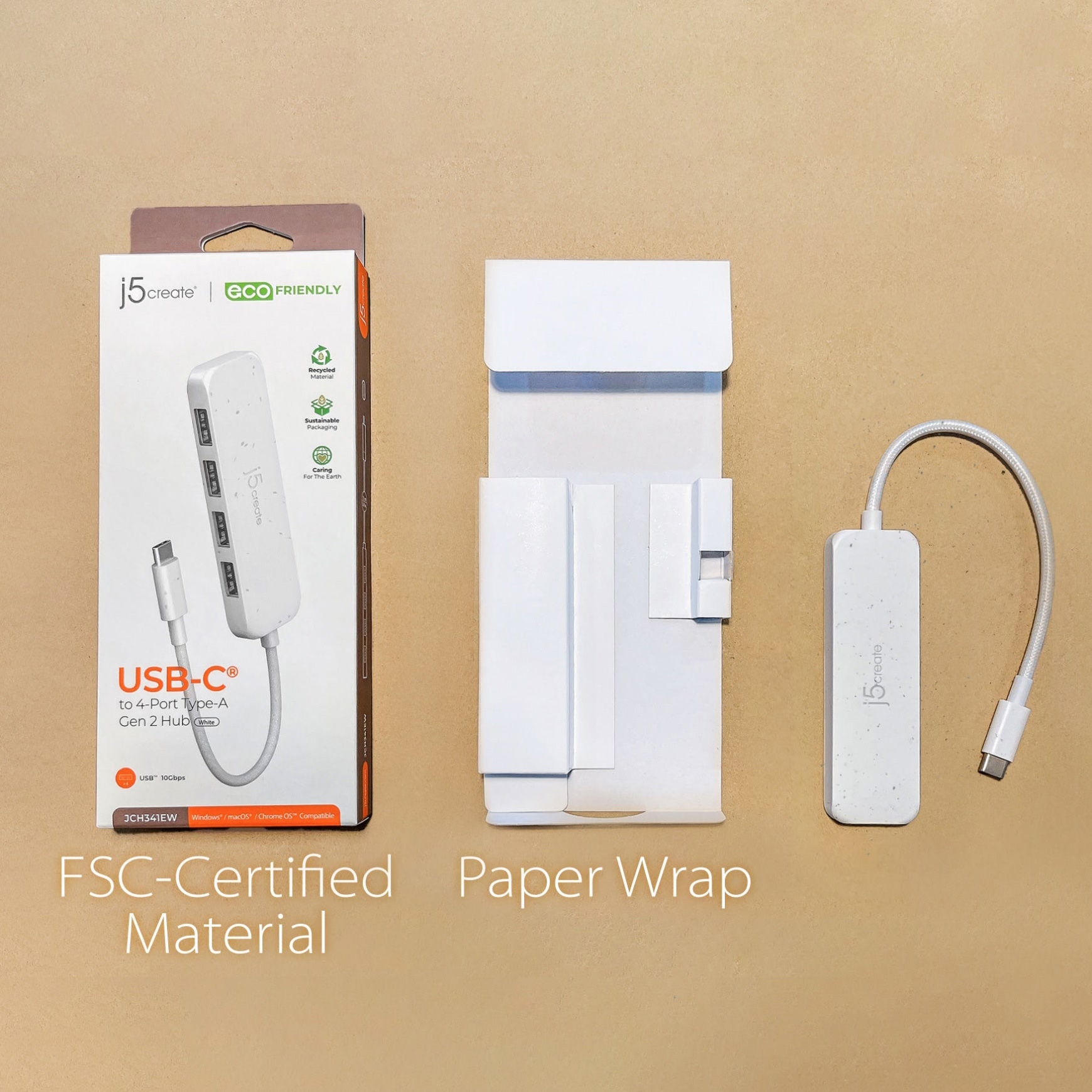 USB-хаб J5CREATE Eco-Friendly USB-C to 4-Port Type-A Gen 2 Hub Pure White (JCH341EW-N)