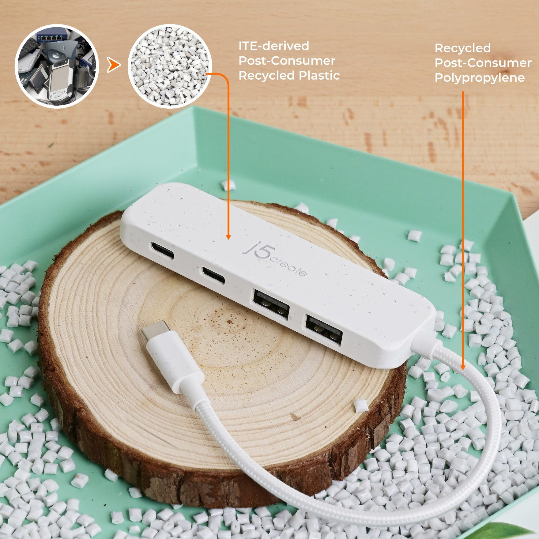 USB-хаб J5CREATE Eco-Friendly USB-C to 4-Port Type-C & Type-A Gen 2 Hub Pure White (JCH342EW-N)