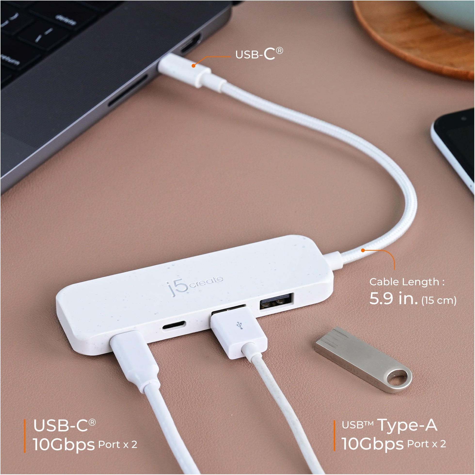 USB-хаб J5CREATE Eco-Friendly USB-C to 4-Port Type-C & Type-A Gen 2 Hub Pure White (JCH342EW-N)
