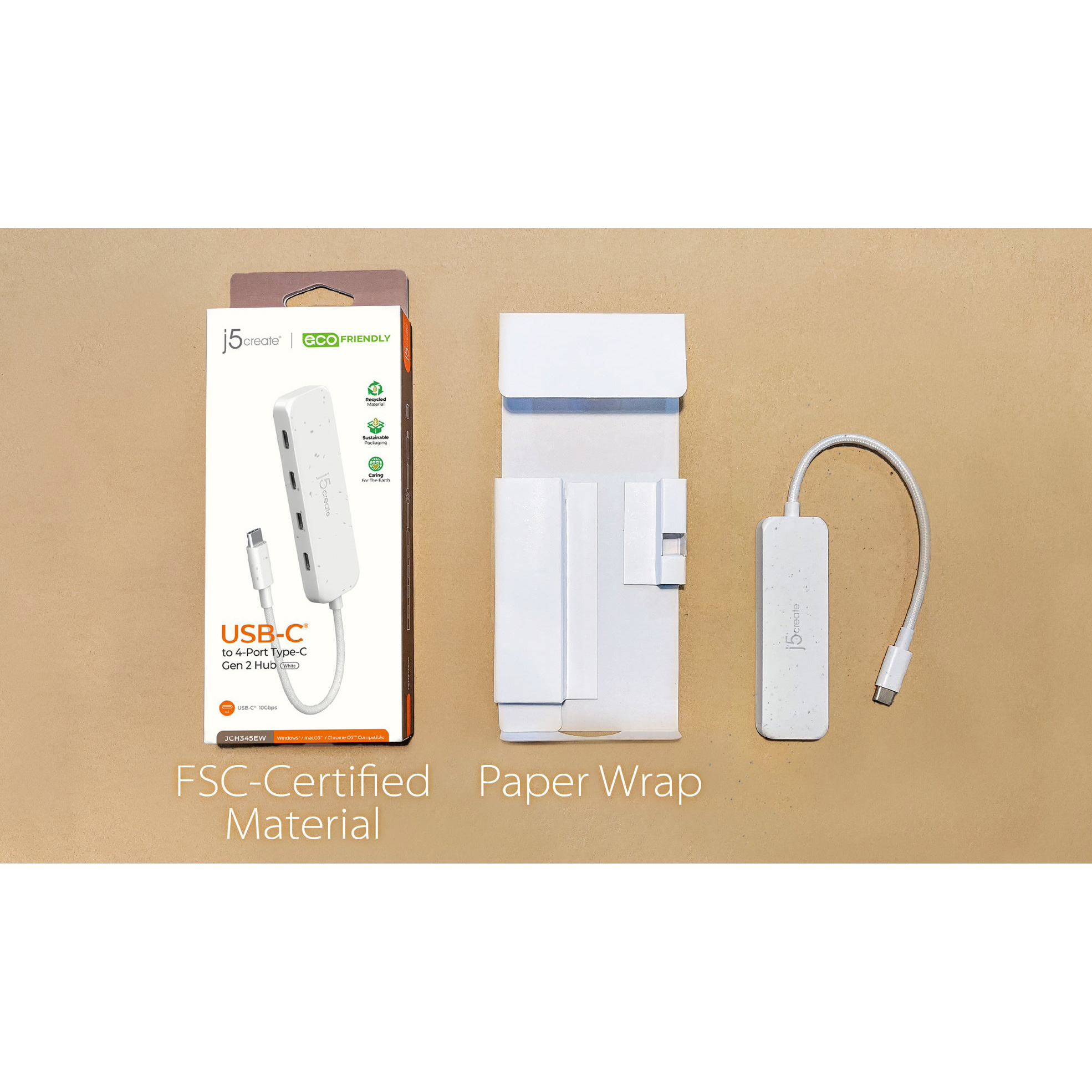 USB-хаб J5CREATE Eco-Friendly USB-C to 4-Port Type-C Gen 2 Hub Nature White (JCH345EW-N)