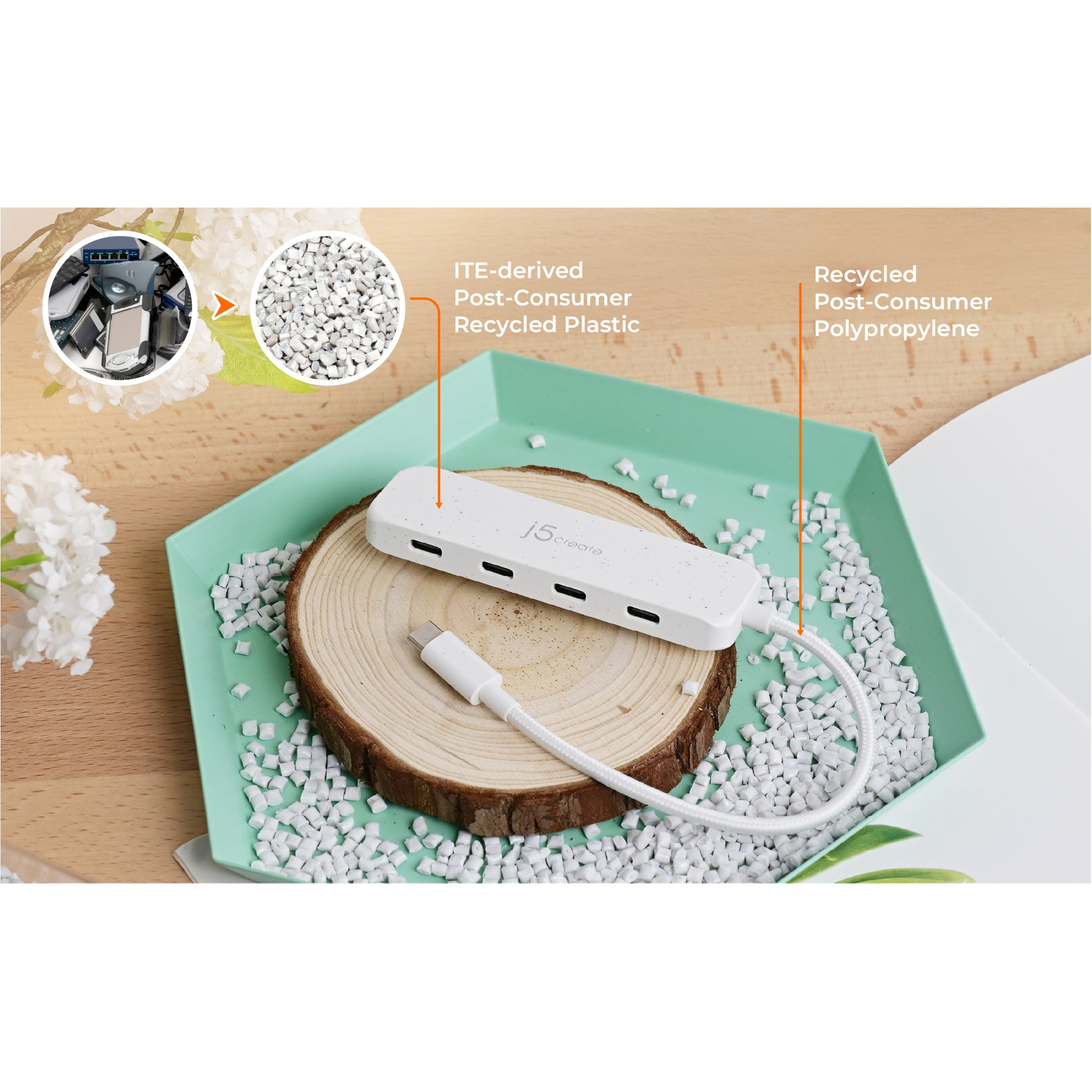 USB-хаб J5CREATE Eco-Friendly USB-C to 4-Port Type-C Gen 2 Hub Nature White (JCH345EW-N)