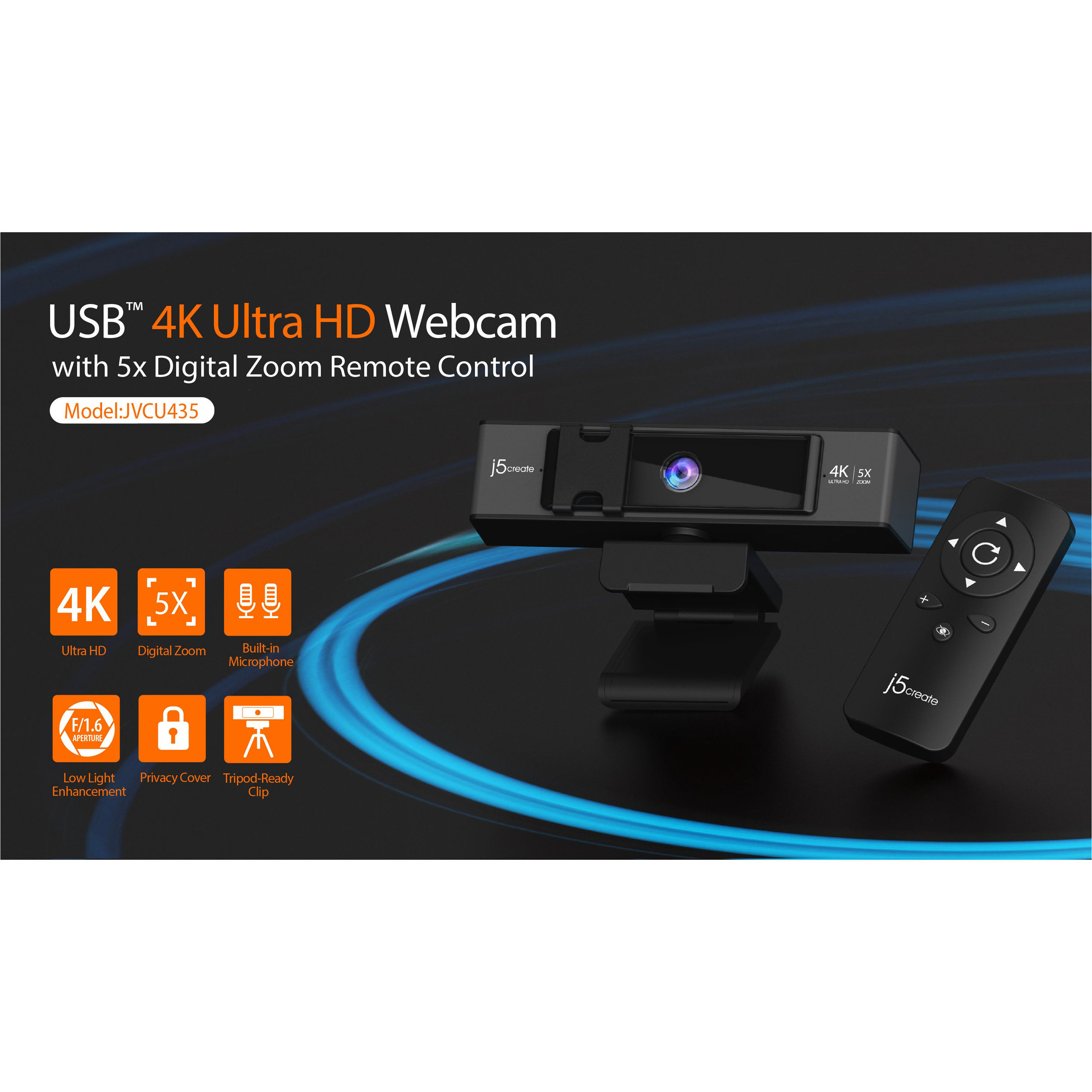 Веб-камера J5CREATE 4K Ultra HD Webcam with 5x Digital Zoom Remote Control (JVCU435-N)
