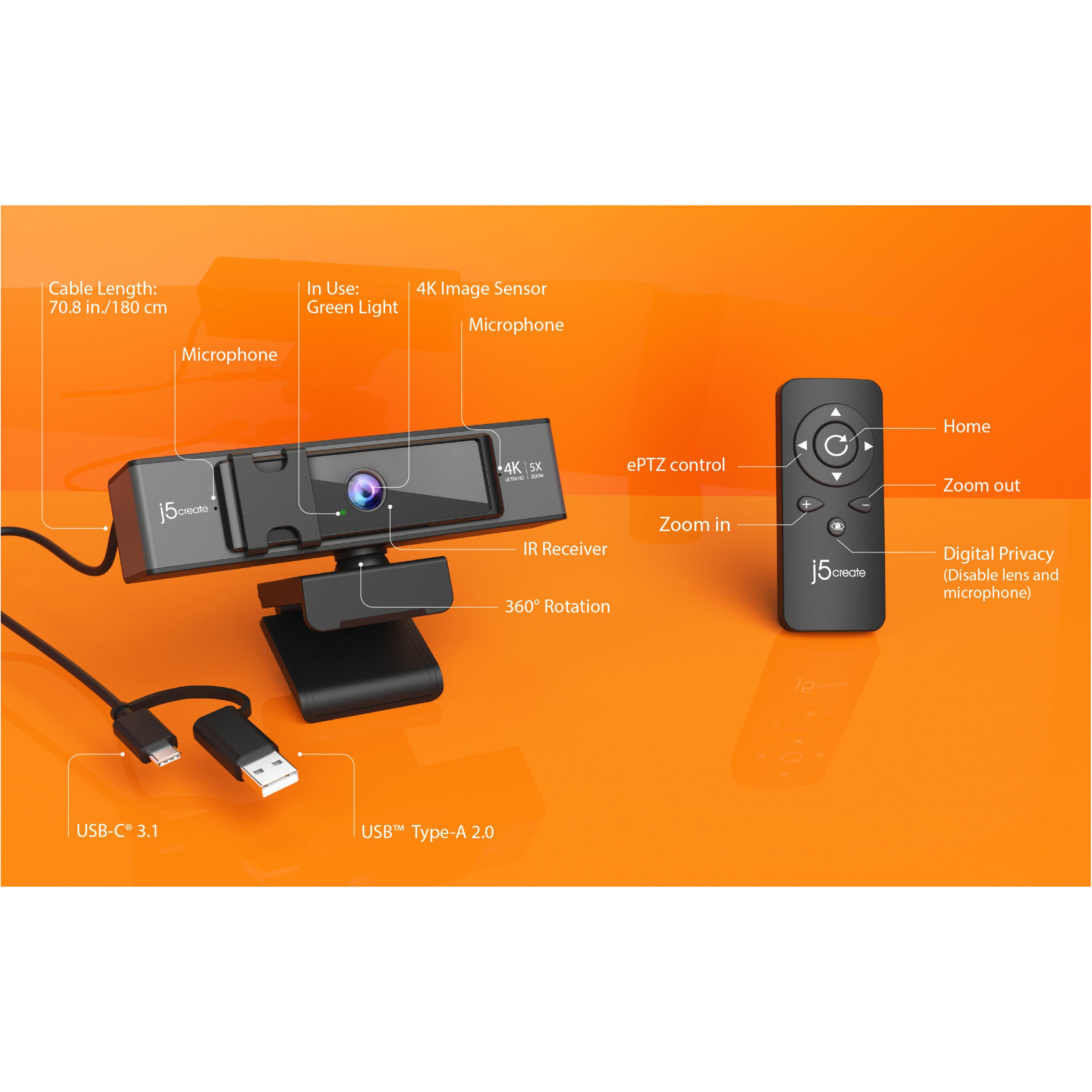 Веб-камера J5CREATE 4K Ultra HD Webcam with 5x Digital Zoom Remote Control (JVCU435-N)
