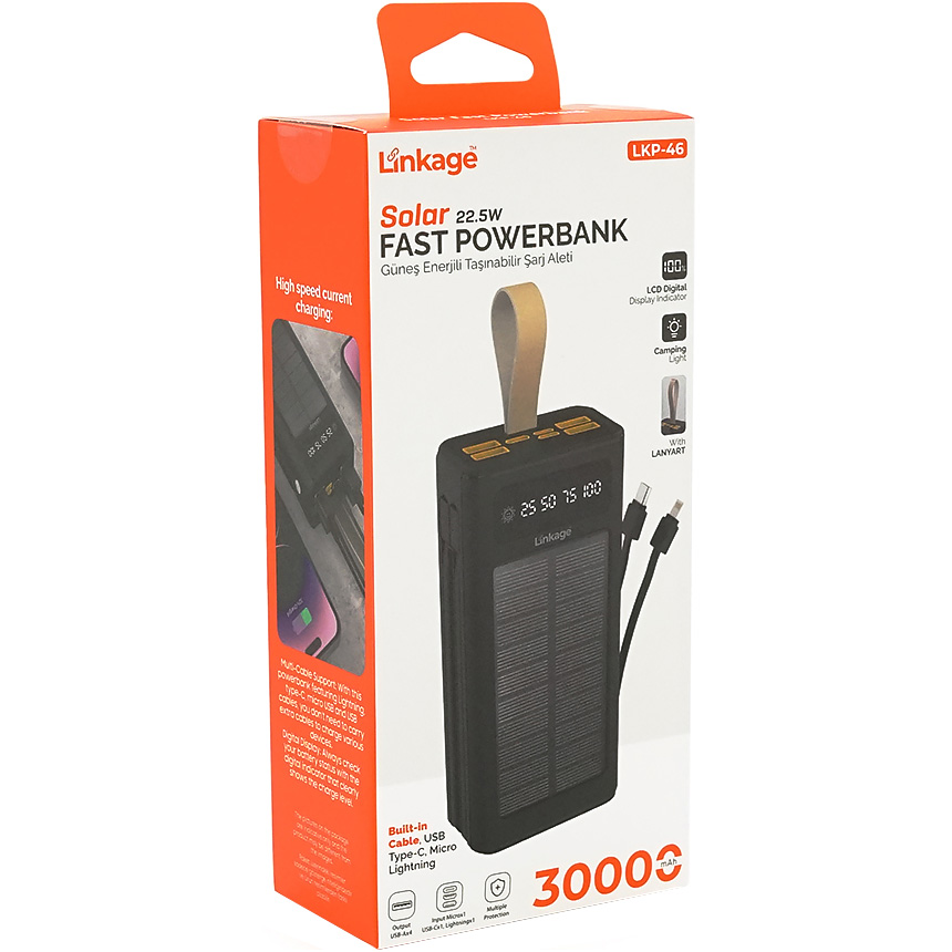 Повербанк з сонячною батареєю LINKAGE LKP-46 22.5W 30000mAh Black