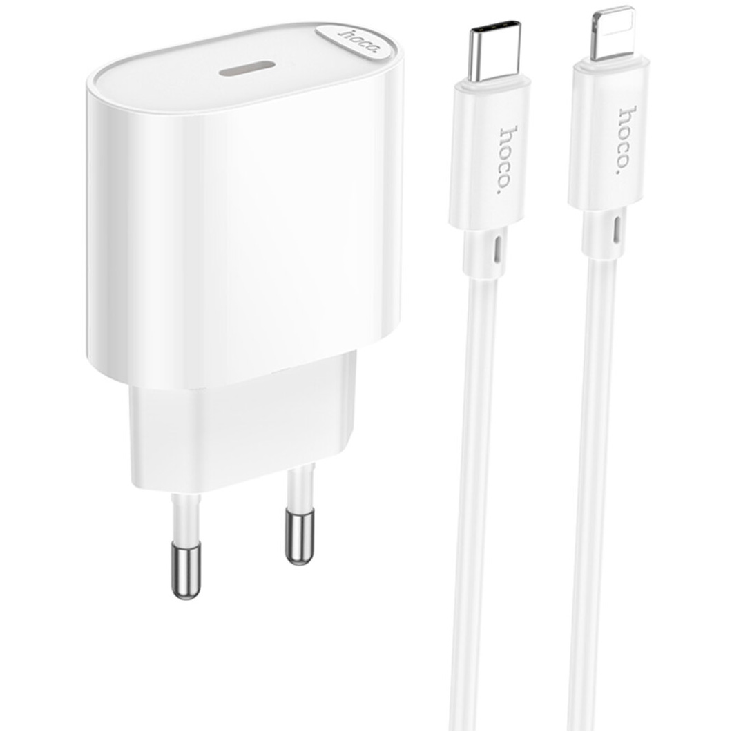 Зарядний пристрій HOCO C109A Fighter 1xUSB-C, PD20W White w/Type-C to Lightning cable (6942007656726)