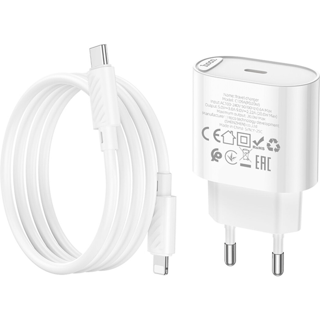 Зарядний пристрій HOCO C109A Fighter 1xUSB-C, PD20W White w/Type-C to Lightning cable (6942007656726)