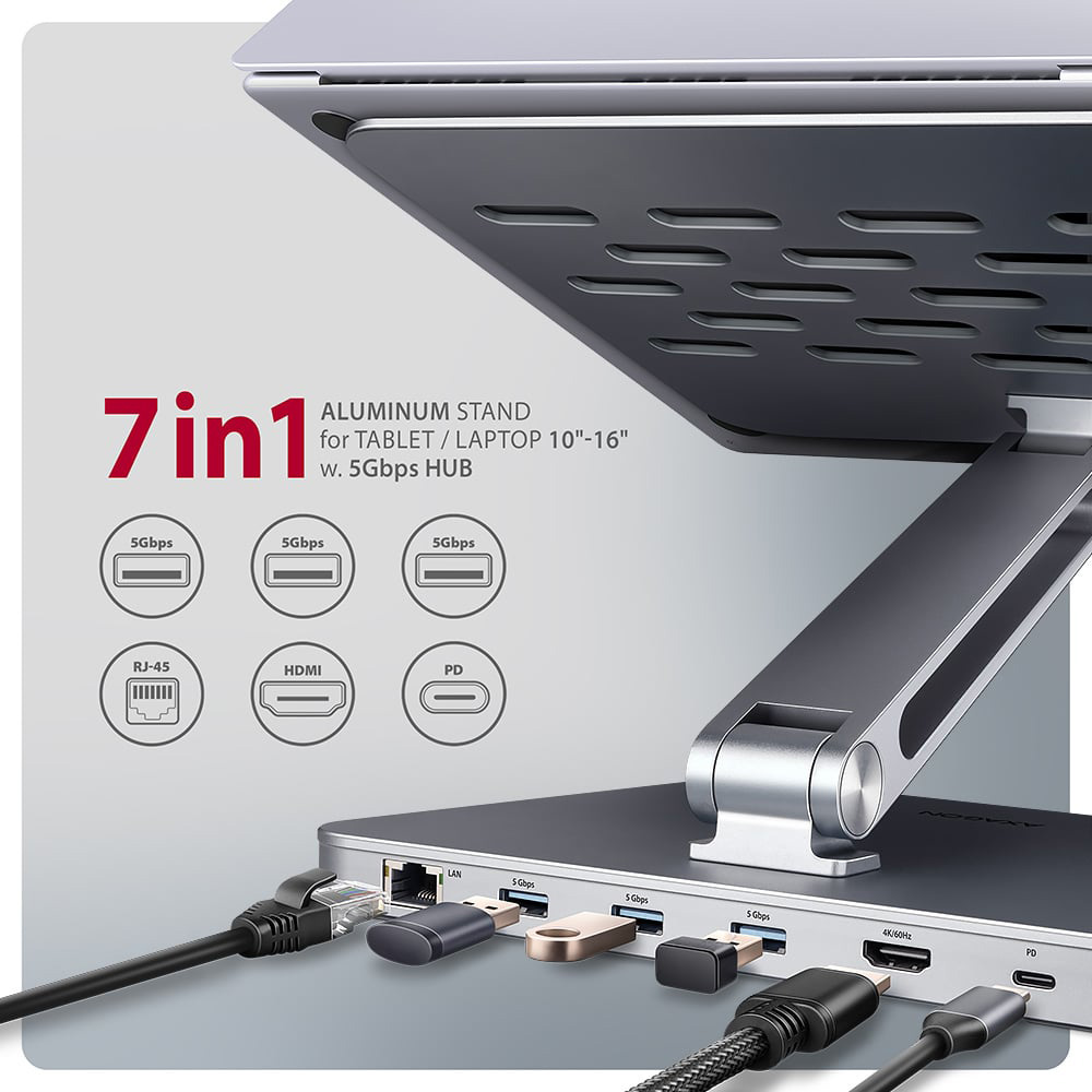 Подставка для ноутбука AXAGON 7-in-1 Aluminum Stand w/USB-C 5Gbps Hub (HMC-STND)