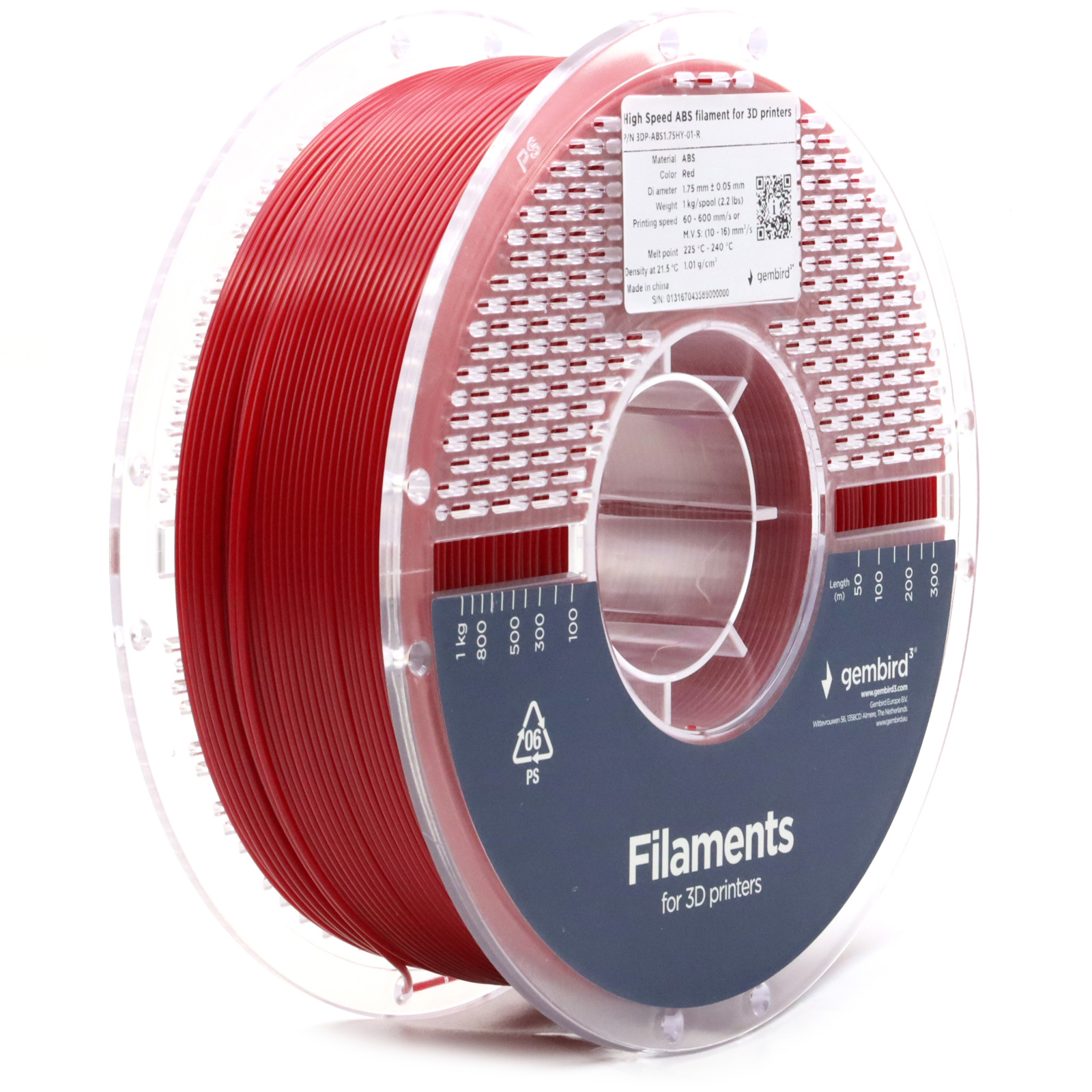 Пластик (філамент) для 3D принтера GEMBIRD High Speed ABS 1.75mm, 1кг, Red (3DP-ABS1.75HY-01-R)