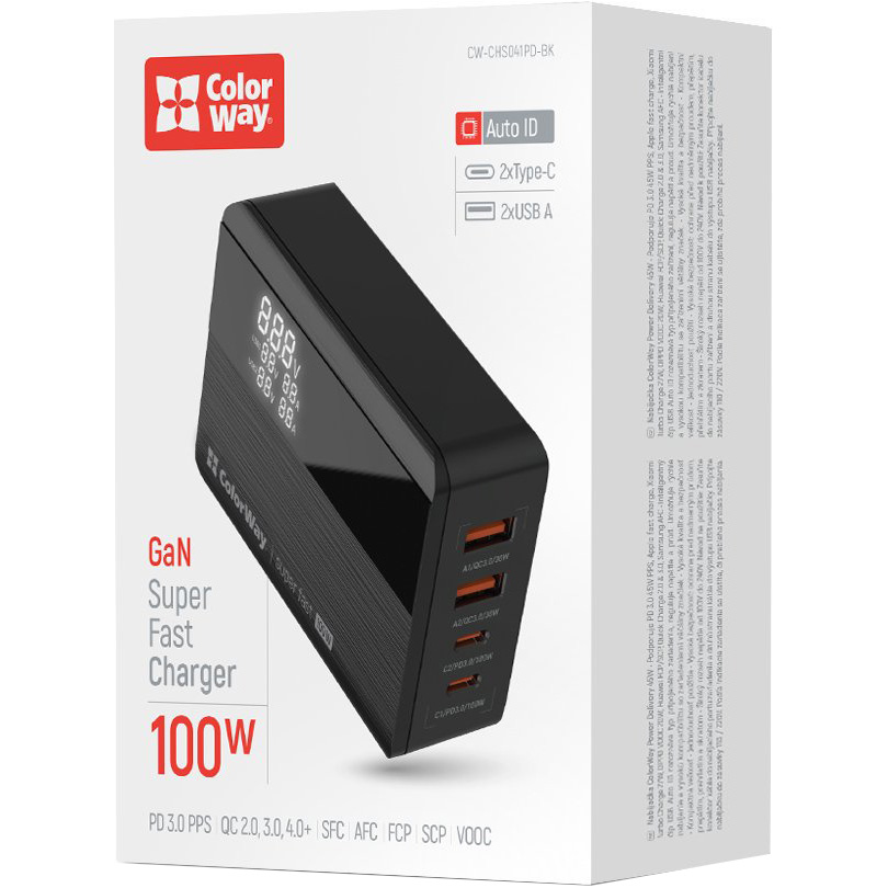 Зарядний пристрій COLORWAY Power Delivery GaN 2xUSB-C, 2xUSB-A, 100W Black (CW-CHS041PD-BK)