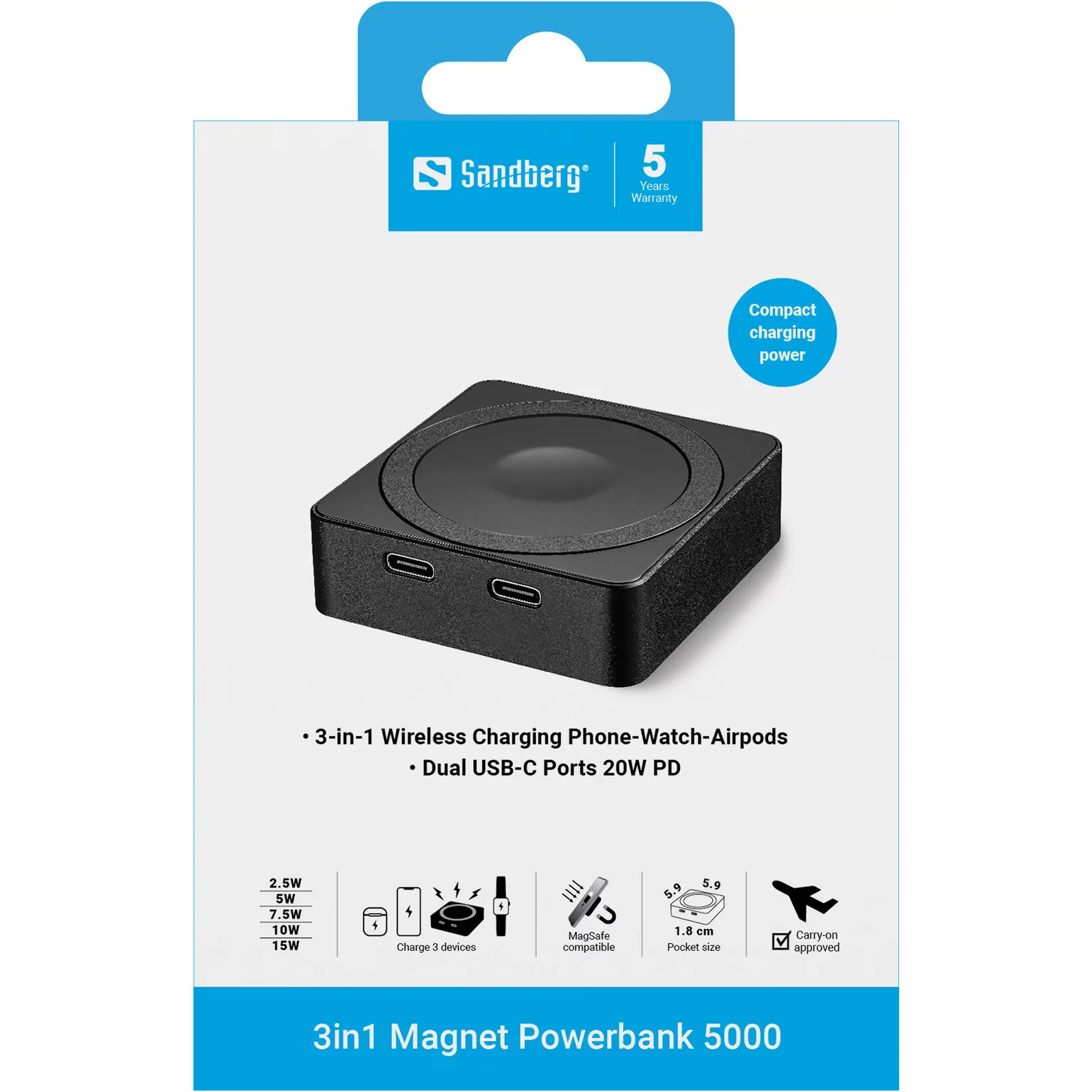 Повербанк MagSafe SANDBERG Magnet Wireless 5000mAh PD20W 5000mAh (421-28)