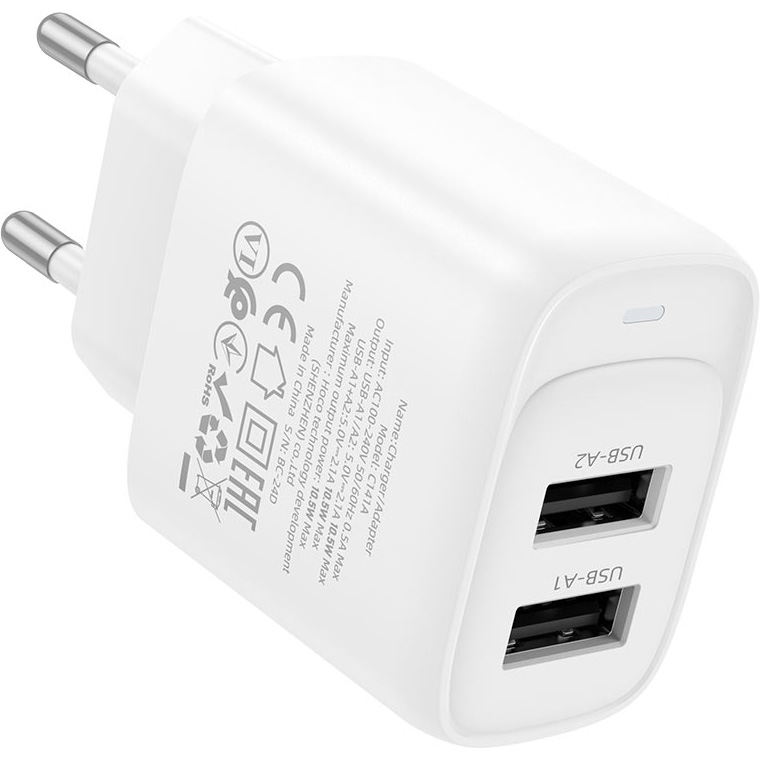 Зарядное устройство HOCO C141A Smart 2xUSB-A,10.5W White (6942007627856)