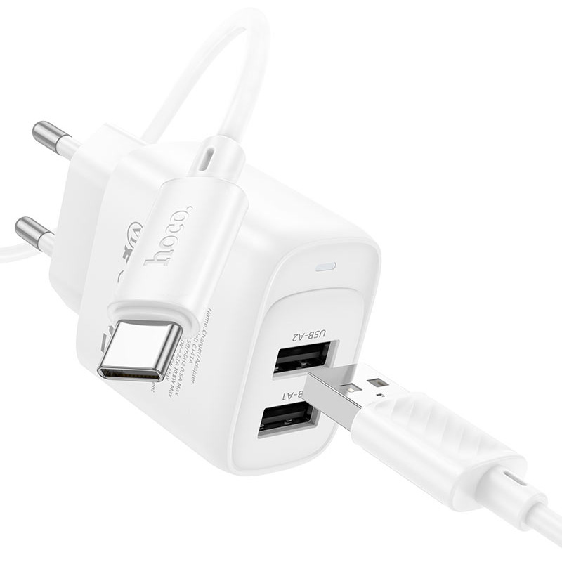Зарядное устройство HOCO C141A Smart 2xUSB-A,10.5W White w/Type-C cable (6942007627917)