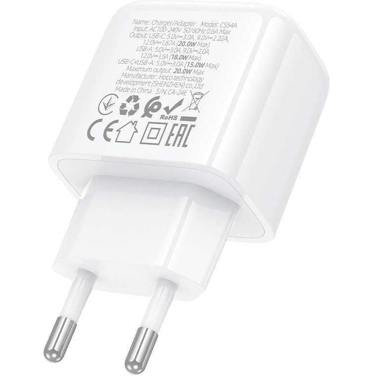 Зарядное устройство HOCO CS54A Surplus 1xUSB-A, 1xUSB-C, PD30W, QC3.0 White (CS54A/W)