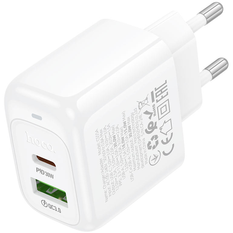 Зарядний пристрій HOCO CS55A Surplus 1xUSB-A, 1xUSB-C, PD30W, QC3.0 White (6942007631549)
