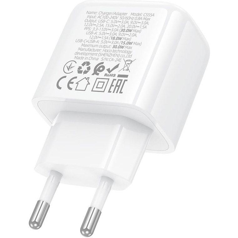 Зарядний пристрій HOCO CS55A Surplus 1xUSB-A, 1xUSB-C, PD30W, QC3.0 White (6942007631549)