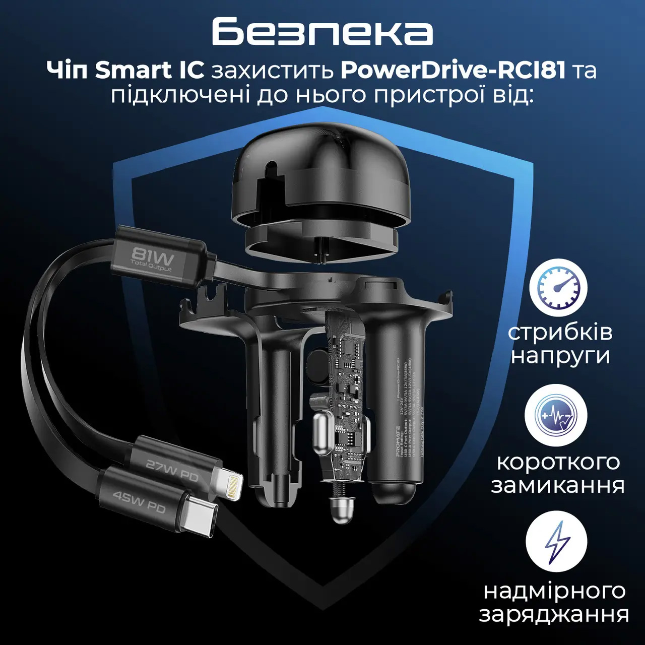 Автомобільний зарядний пристрій PROMATE PowerDrive-RCI81 81W 1xUSB-C, 1xUSB, w/Retractable USB-C 45W/Lightning 27W Cable Black
