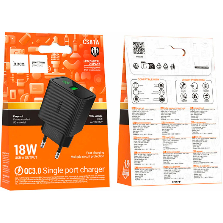 Зарядний пристрій HOCO CS81A Excellent, 1xUSB, 18W, QC3.0 Black (6942007664486)