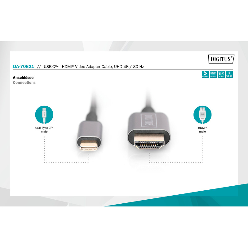Кабель DIGITUS USB Type-C to HDMI USB-C to HDMI 1.8м Black (DA-70821)