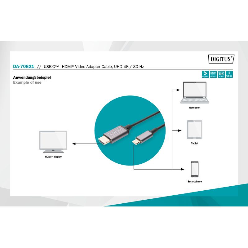 Кабель DIGITUS USB Type-C to HDMI USB-C to HDMI 1.8м Black (DA-70821)