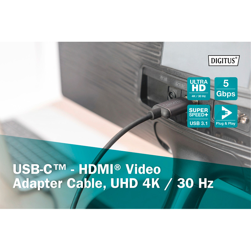 Кабель DIGITUS USB Type-C to HDMI USB-C to HDMI 1.8м Black (DA-70821)
