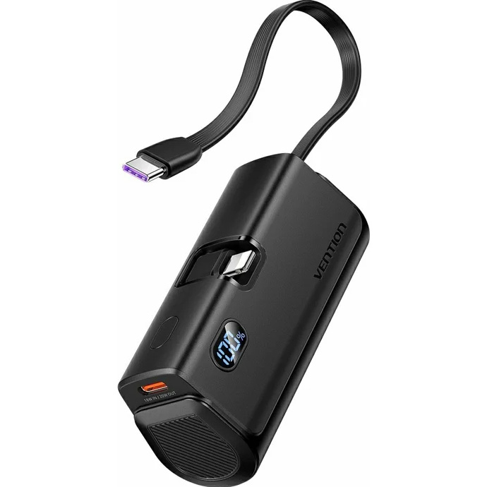 Повербанк VENTION USB-C In/Out, LED display, with built-in Lightning cable 22.5W 4800mAh Black (FHRB0)