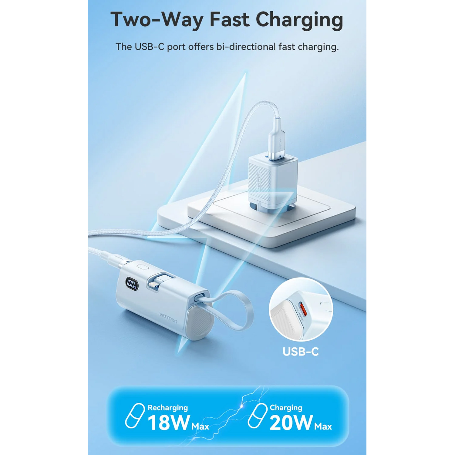 Повербанк VENTION USB-C In/Out, LED display, with built-in Lightning cable 22.5W 4800mAh Black (FHRB0)