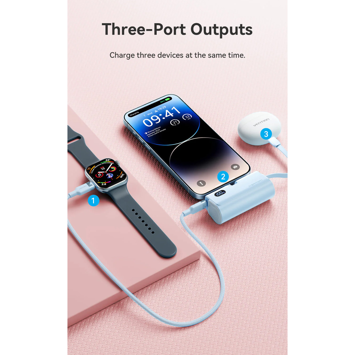 Повербанк VENTION USB-C In/Out, LED display, with built-in Lightning cable 22.5W 4800mAh Black (FHRB0)