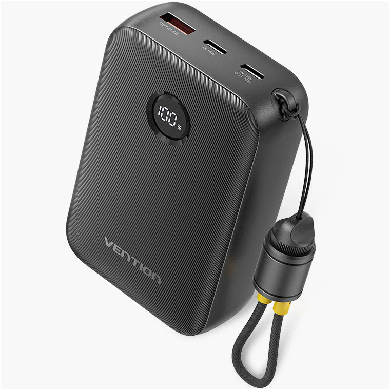 Повербанк VENTION USB-A, 2xUSB-C, with built-in USB-C cable 22.5W 20000mAh Black (FKBB0-C)