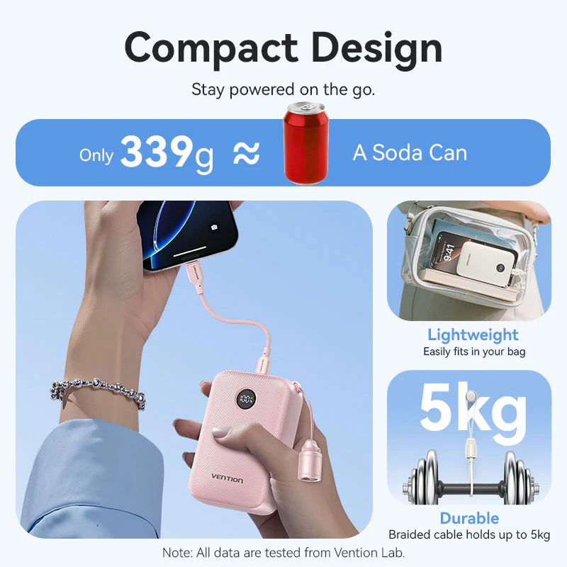 Повербанк VENTION USB-A, 2xUSB-C, with built-in USB-C cable 22.5W 20000mAh Black (FKBB0-C)