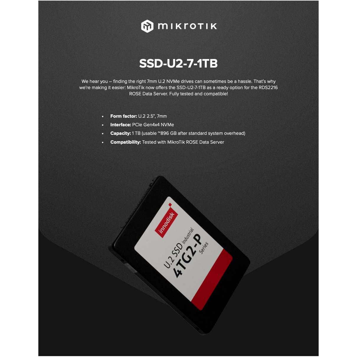 SSD диск MIKROTIK 1TB 2.5" U.2 7mm NVMe (SSD-U2-7-1TB)