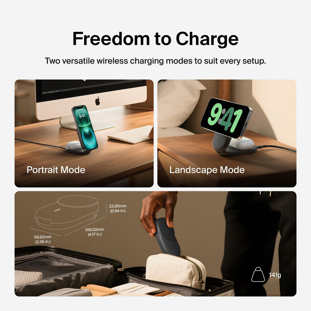 Бездротовий зарядний пристрій BELKIN UltraCharge 2-in-1 Foldable Magnetic Charging 25W Black (WIZ039KQBK)