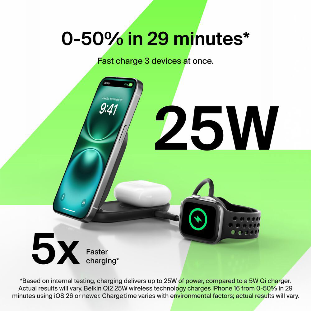 Бездротовий зарядний пристрій BELKIN UltraCharge 2-in-1 Foldable Magnetic Charging 25W Black (WIZ039KQBK)