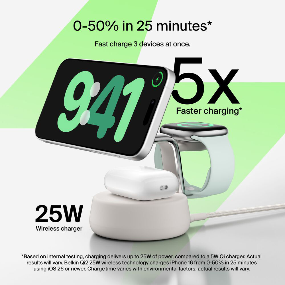 Бездротовий зарядний пристрій BELKIN UltraCharge Pro 3-in-1 Magnetic Charging Dock 25W Sand (WIZ040KQSD)